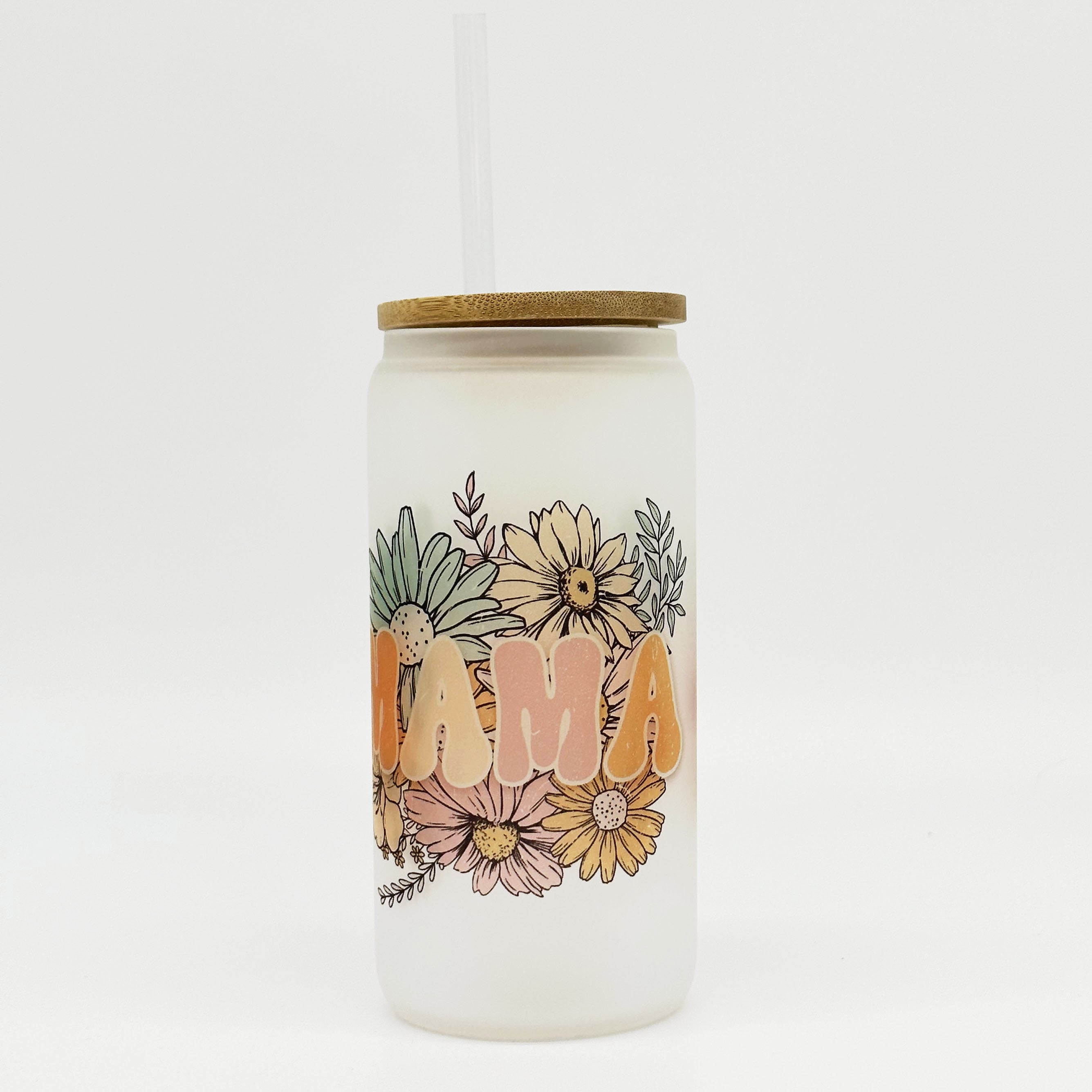 Retro Mama 18oz frosted glass cup Vintage Flower design w/ bamboo lid &  straw