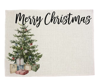 Customizable Christmas Tree Linen Placemat - Custom text for name or holiday message