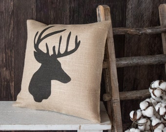 Whitetail Buck burlap throw pillow - Deer hunter gift for the cabin, lodge, or den decor