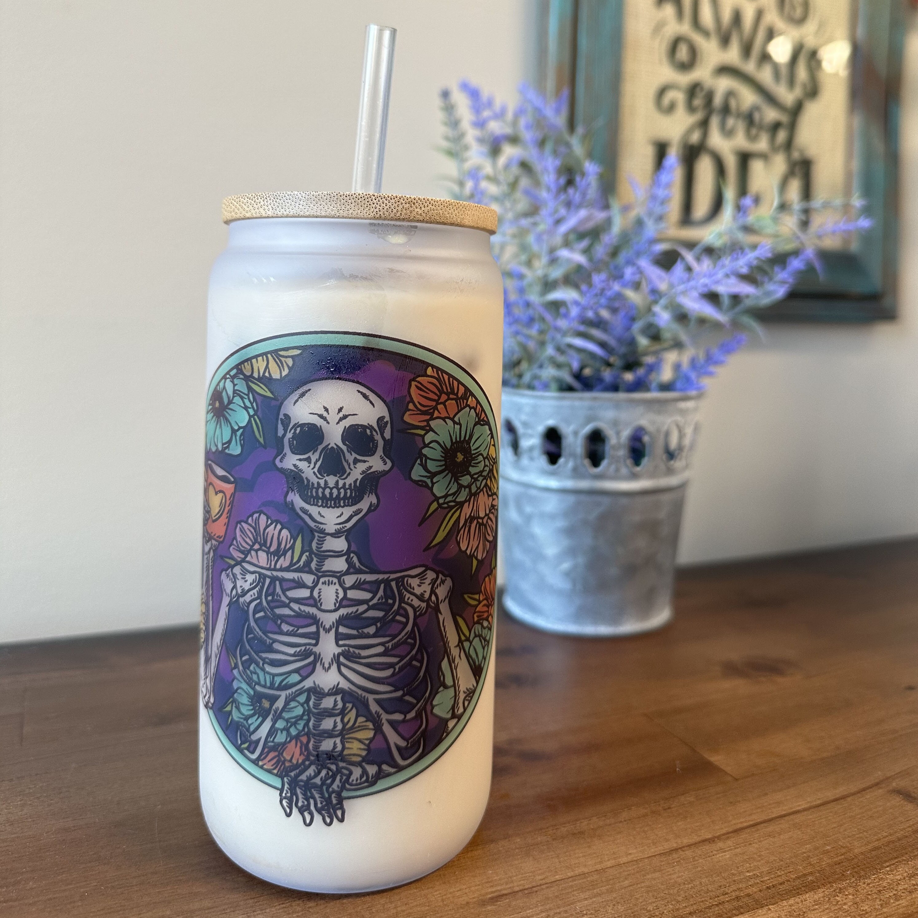 Dead Without Coffee 18oz frosted glass cup colorful skeleton design w/  bamboo lid & straw