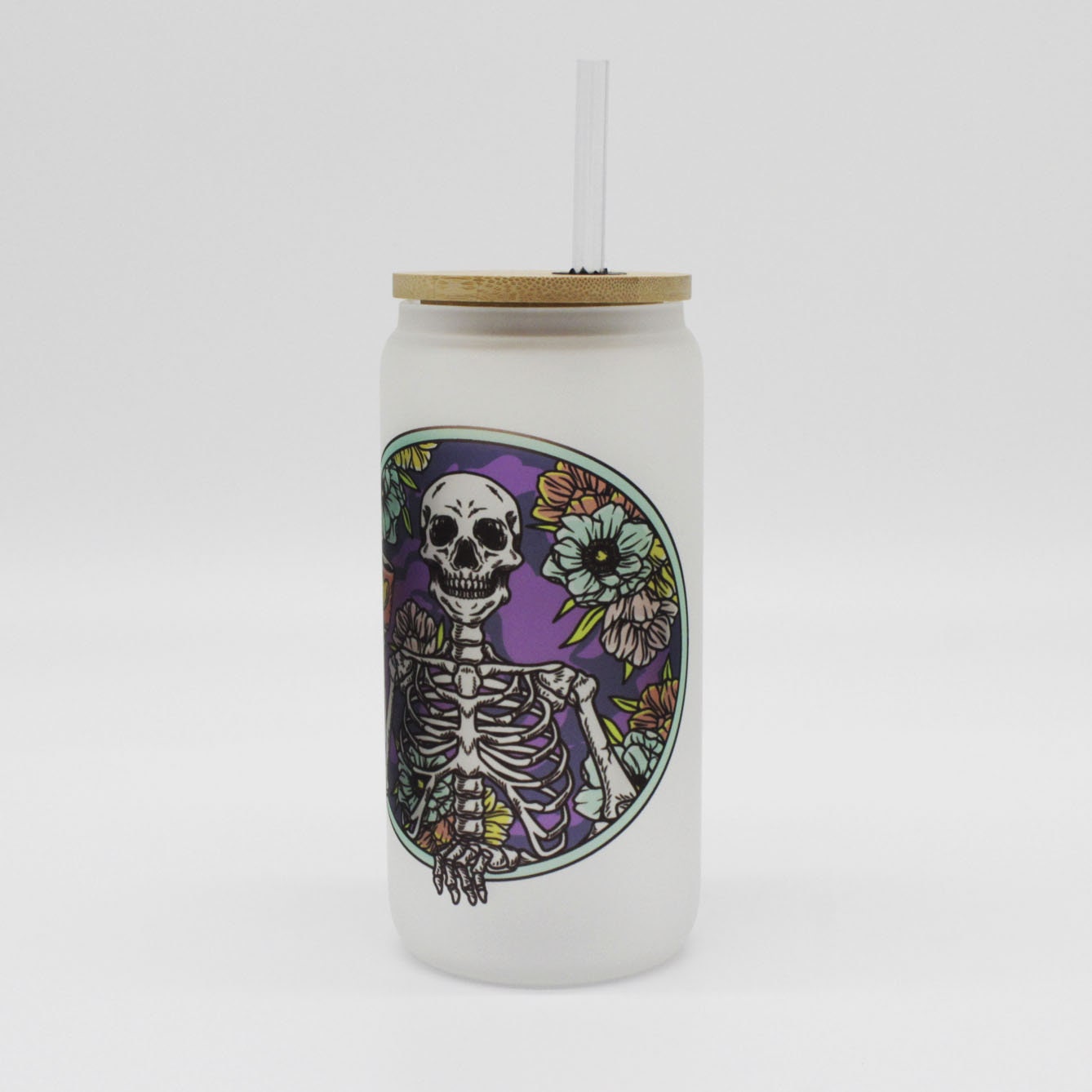 Dead Without Coffee 18oz frosted glass cup colorful skeleton design w/  bamboo lid & straw
