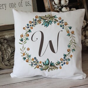 Rustic wreath Monogram pillow on soft white twill beautiful wedding, or housewarming gift image 3