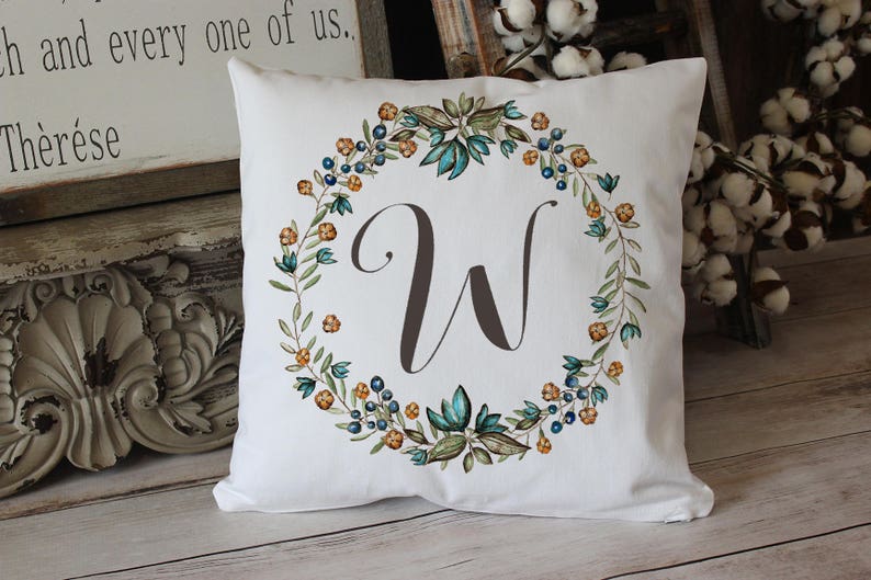 Rustic wreath Monogram pillow on soft white twill beautiful wedding, or housewarming gift image 3