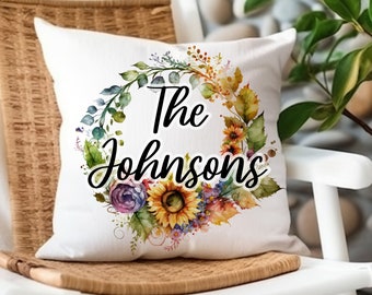 Personalized Watercolor Sunflower Wreath Pillow - Custom Name Throw Pillow, New Home Gift