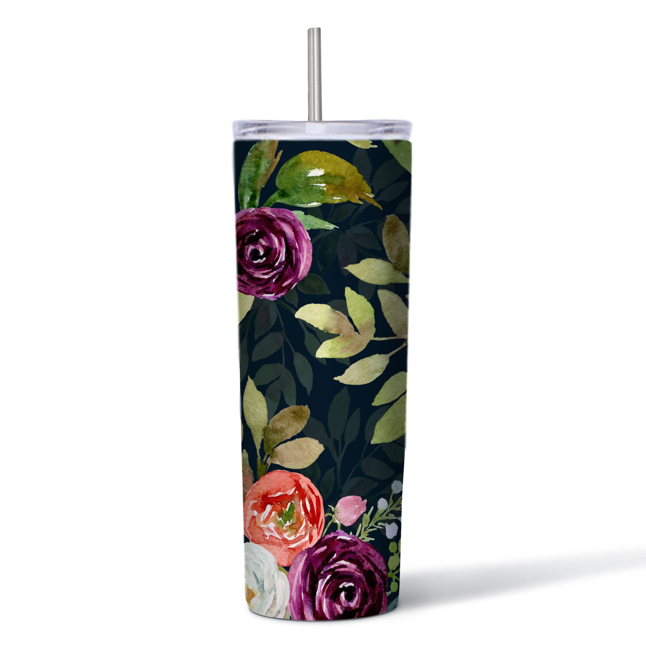 boho flowers on navy 20oz skinny tumbler