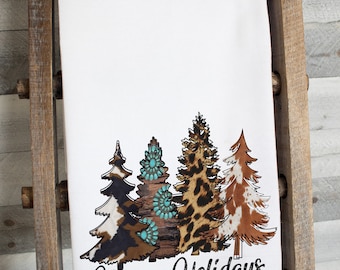 Happy Holidays Western Christmas Trees Dish Towel -   premium flour sack tea towel Holiday kitchen decor winter decorations