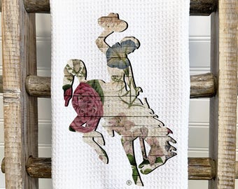 Floral Barnwood Wyoming Bucking Horse Tea Towel | Cottagecore Kitchen Towel