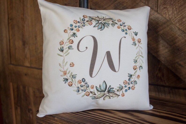 Rustic wreath Monogram pillow on soft white twill beautiful wedding, or housewarming gift image 5