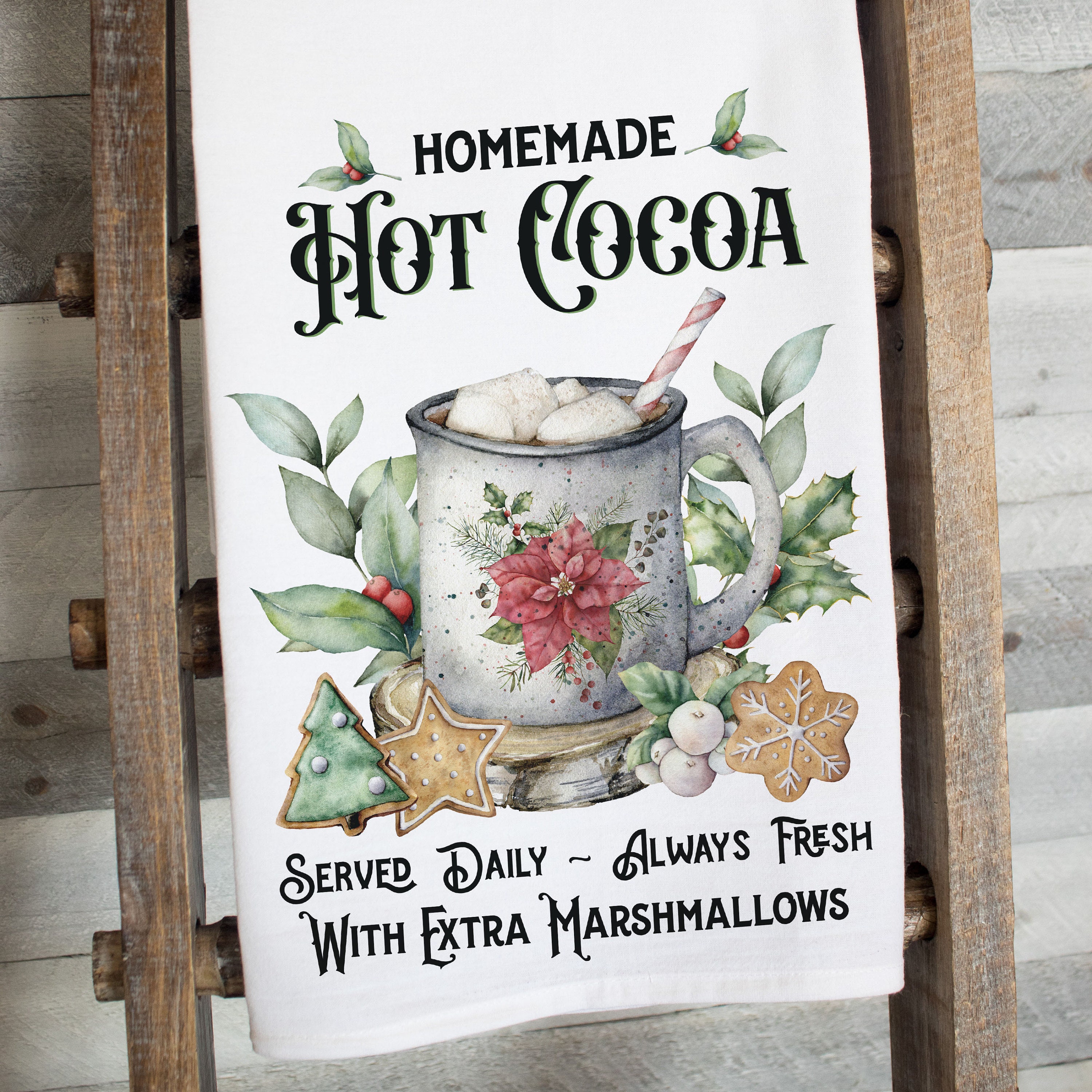 Homemade Hot Cocoa Dish Towel - premium flour sack tea towel Holiday kitchen  decor winter decorations