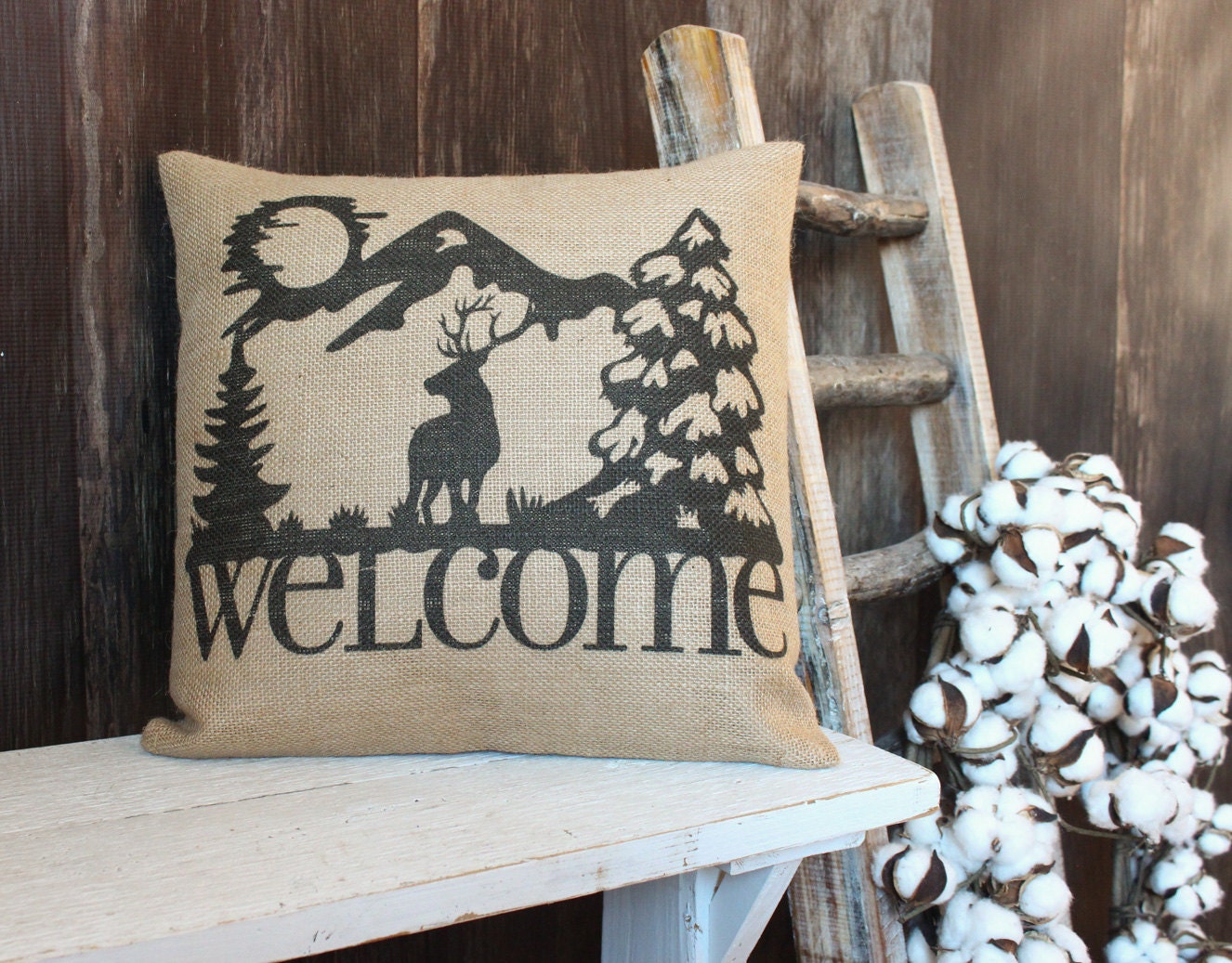 Rustic style Elk Welcome burlap throw pillow w/ Elk and Mountains for cabin  hunting lodge style outdoorsman gift for hunters