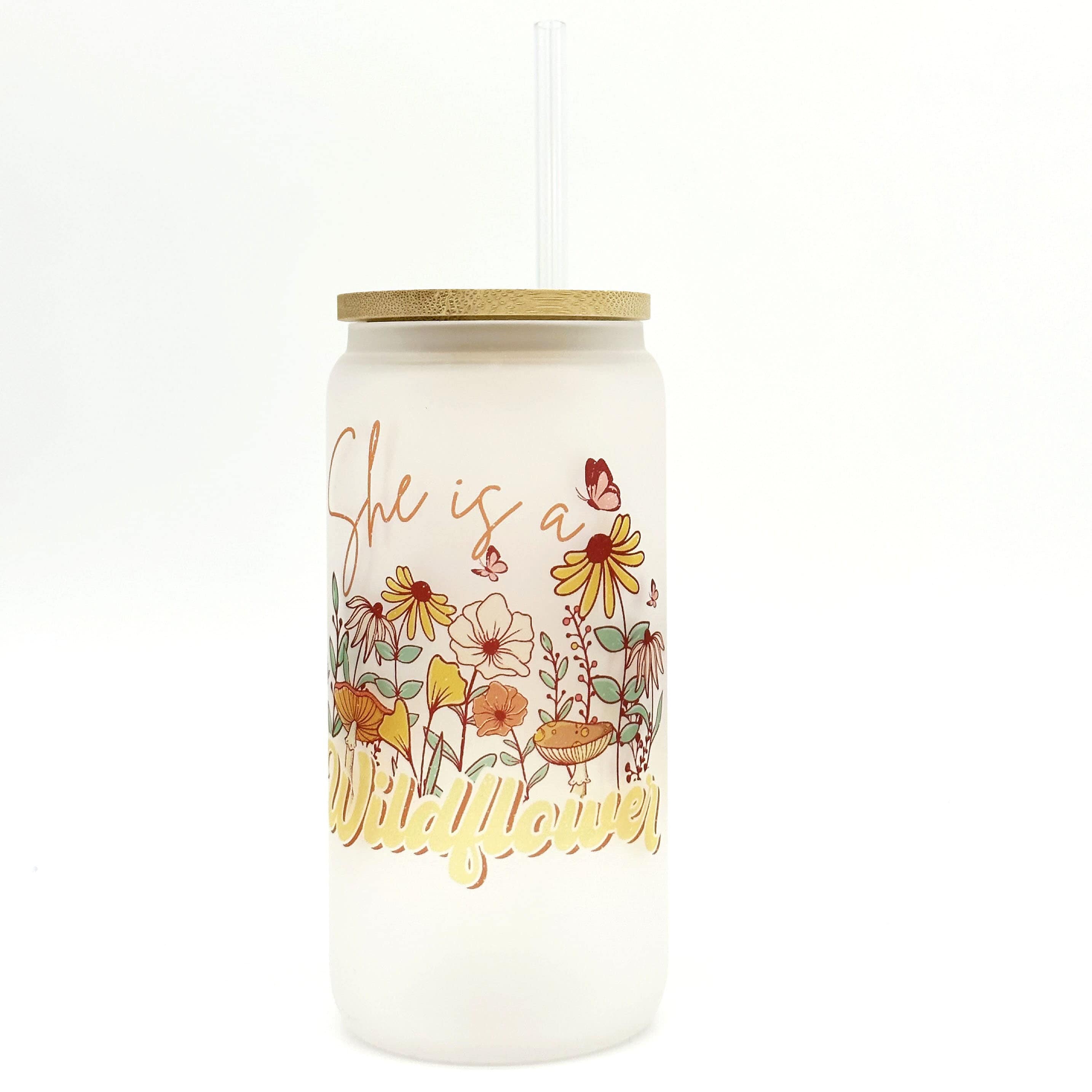Animal Print & Flowers Frosted Glass Can W/ Bamboo Lid 16 Oz Glass Cup by  Mugzan