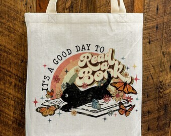 It's A Good Day to Read Retro Cat Tote Bag - Reusable Textured Canvas Bag,  Gift for Book Lovers