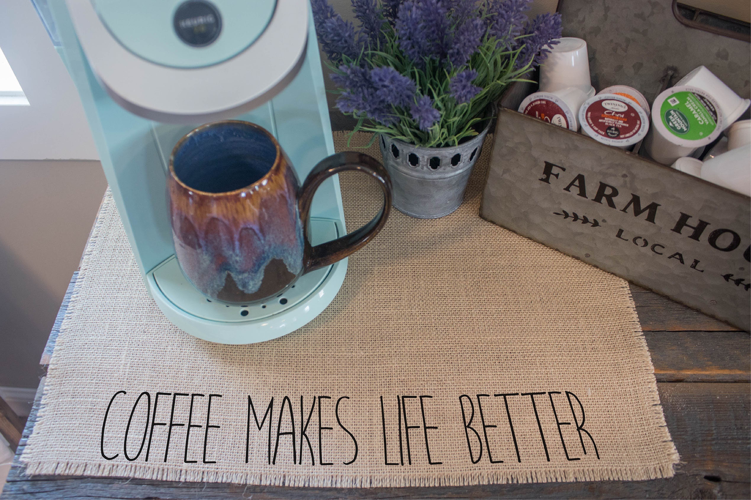 Coffee makes life better, burlap coffee maker placemat, farmhouse decor, coffee  lover gift, coffee bar, coffee mat, coffee bar accessories