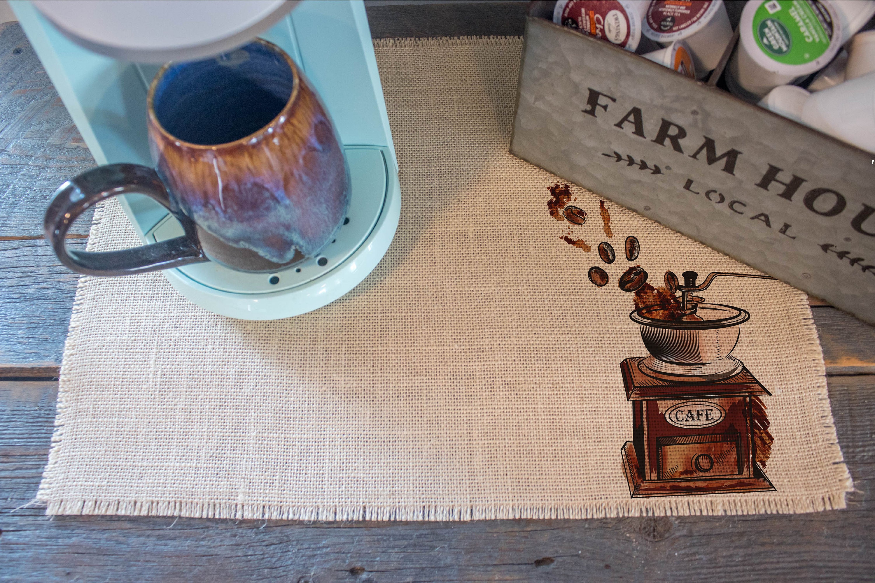 Vintage Coffee Grinder burlap coffee maker placemat, farmhouse decor,  coffee lovers gift, coffee bar, coffee mat, coffee bar accessories