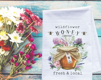Wildflower Honey Bee Flour Sack Tea Towel: Farmhouse Kitchen Decor