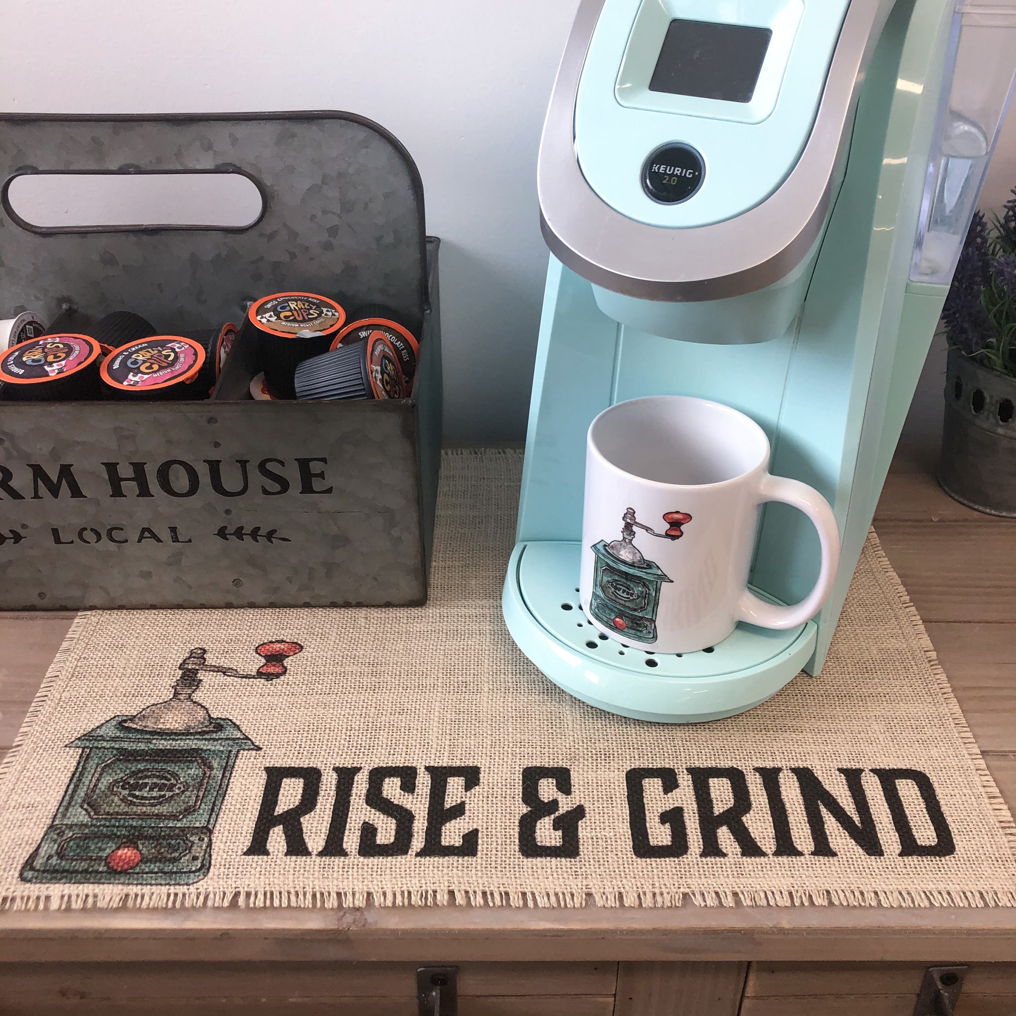 Rise and Grind, Burlap Coffee Mat, Coffee Lover Gift, Keurig Coffee Mat,  Farmhouse Kitchen Decor, Farmhouse Coffee Mat, Coffee Bar