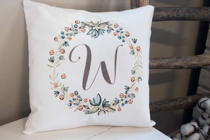 Rustic wreath Monogram pillow on soft white twill beautiful wedding, or housewarming gift image 1