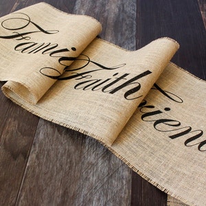 Family, Faith, Friends burlap table runner rustic style farmhouse kitchen table home decor for the dining table or bureau scarf image 2