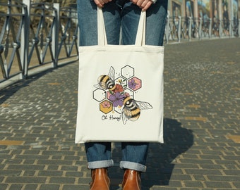 Oh Honey Bees Honey Comb canvas tote bag -  premium canvas carryall bag perfect for books, shopping or farmers market produce