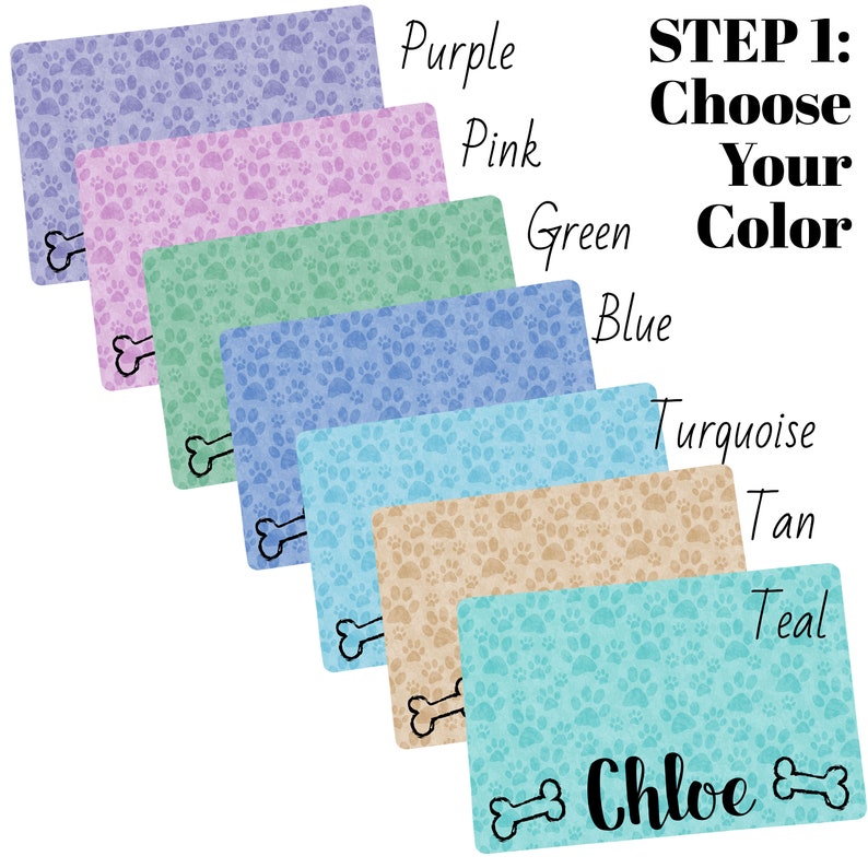 May include: A set of six dog food mats in various colors, including purple, pink, green, blue, turquoise, and teal. Each mat features a paw print pattern and a bone design. The mat in the bottom row has the name "Chloe" written on it.
