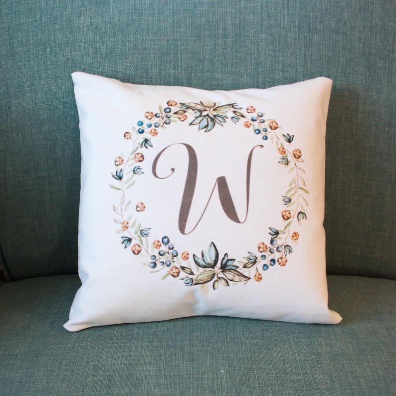 Rustic wreath Monogram pillow on soft white twill beautiful wedding, or housewarming gift image 6