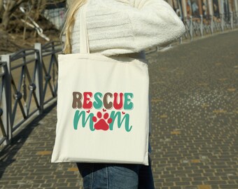 Rescue Mom Red/Teal canvas tote bag -  premium canvas carryall bag perfect for books, shopping or a reusable grocery bag