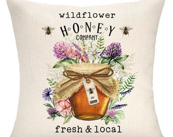 Wildflower Honey Throw Pillow - Farmhouse Bee Home Decor Beekeeper Gift