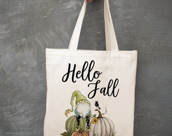 Hello Fall Gnome on Pumpkin canvas tote bag -  premium canvas carryall bag perfect for books, shopping or farmers market produce