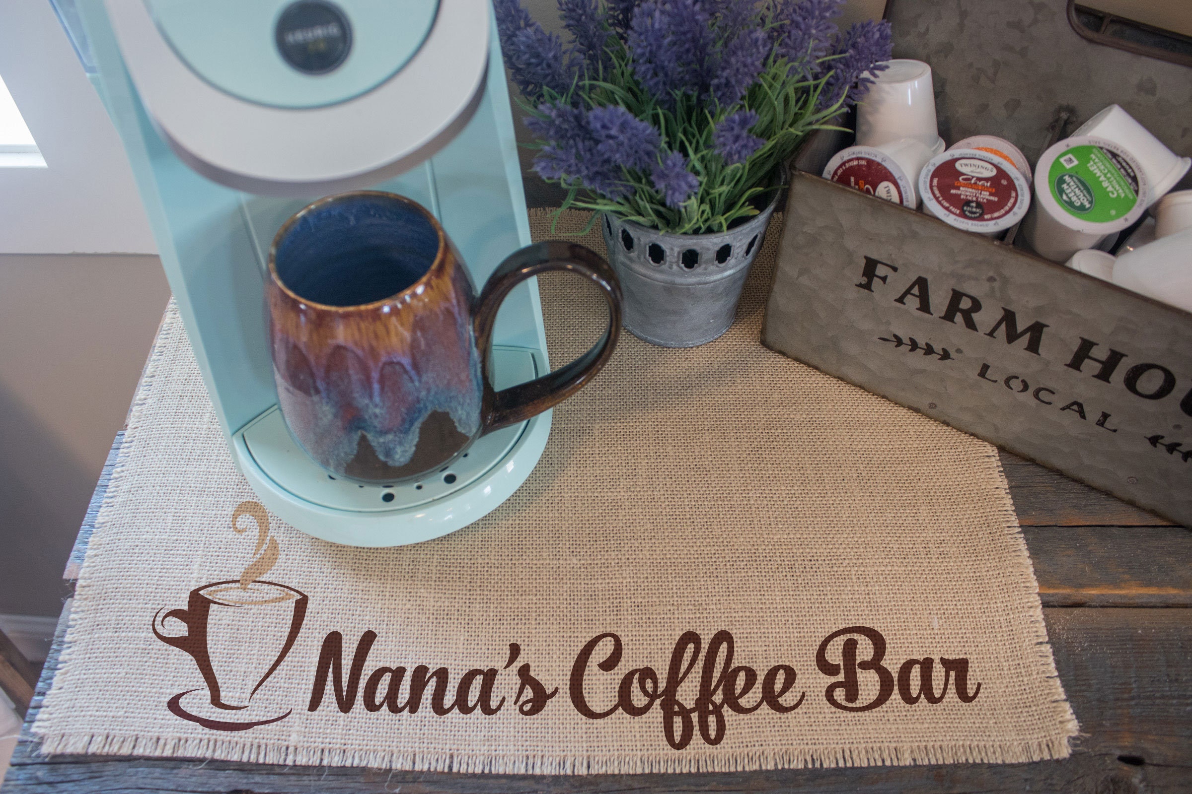 Nana's Coffee Bar, Burlap Coffee Mat, Coffee Lover Gift, Farmhouse