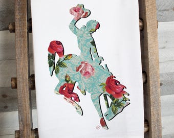 Vintage Rose Wyoming Bucking Horse Tea Towel | Cottagecore Kitchen Towel