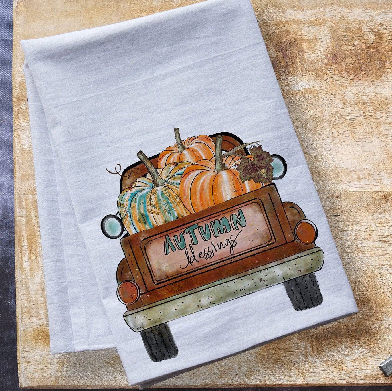 Pumpkin patch rustic truck dish Towel, Personalized tea towel