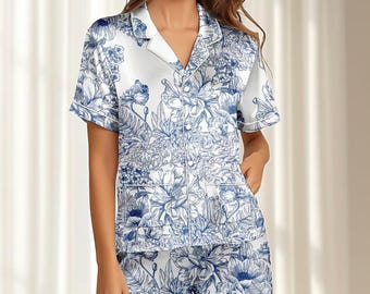 Pijama corto de satén botánico azul, elegante pijama floral a juego, ropa de dormir vintage para mujer, ropa de estar sedosa retro, regalo para ella