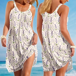 Abito estivo con scollo a V color lavanda, abito estivo senza maniche in stile cottagecore con stampa floreale viola, abito da donna morbido e fluido per le vacanze, abito da giardino, regalo per lei
