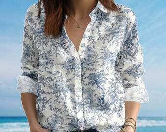 French Toile Blouse Shirt, Vintage Blue And White Women Shirt, Elegant Women Button Shirt, Romantic Cottagecore Shirt, Gift For Her