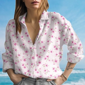 Vintage Daisy Floral Blouse, Pink Flowers Shirt For Women, Button Down Blouse With Wildflowers, Lightweight Summer Top, Gift For Her