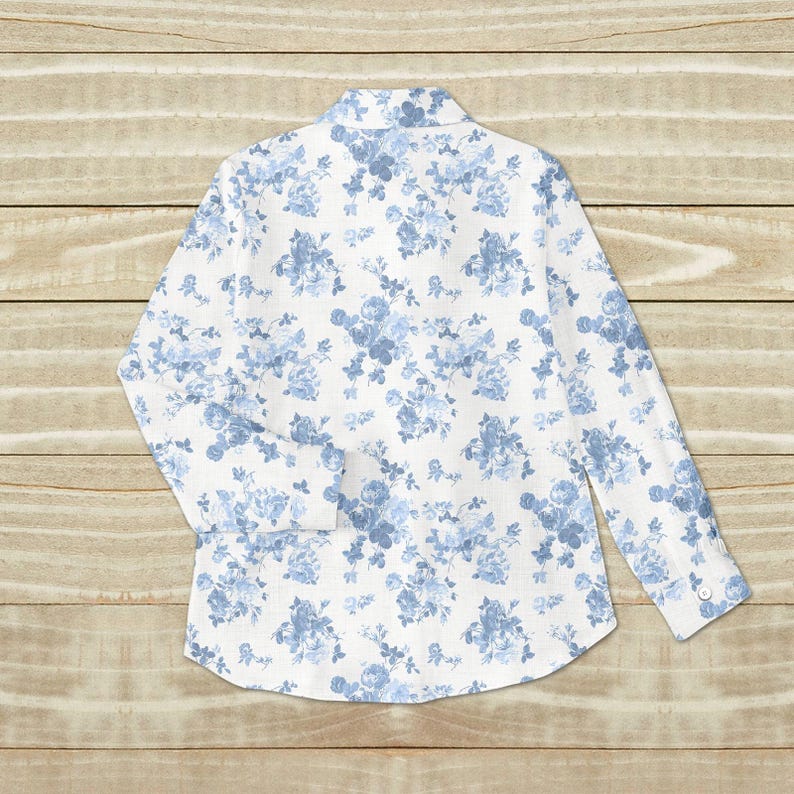 Blue Floral Blouse Shirt, Vintage Rose Women Shirt, Elegant Summer Shirt, Garden Picnic Shirt, Family Vacation Shirt, Gift For Her