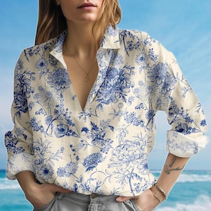 Beige Blue Blouse Shirt, Vintage Porcelain Women Shirt, Long Sleeve Shirt, Soft Botanical Casual Women Shirt, Birthday Gift For Her