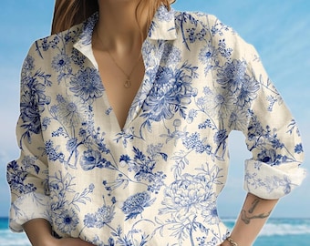 Chemise chemisier bleu beige, chemise femme porcelaine vintage, chemise à manches longues, chemise femme décontractée botanique douce, cadeau d'anniversaire pour elle