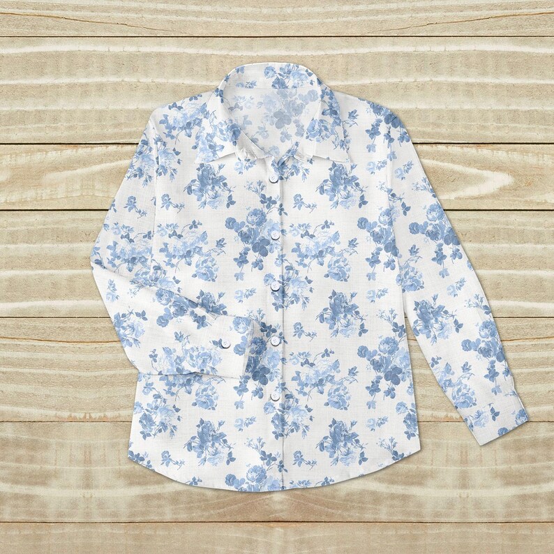 Blue Floral Blouse Shirt, Vintage Rose Women Shirt, Elegant Summer Shirt, Garden Picnic Shirt, Family Vacation Shirt, Gift For Her
