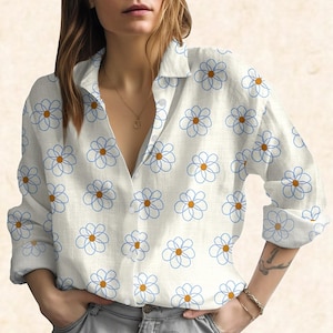 Minimalist Daisy Blouse, Cute Floral Women Shirt, Simple Line Art Flower Top, Casual Summer Shirt, Vacation Trip Shirt, Gift For Her