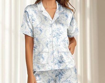 French Toile Satin Pajamas Short Set, Elegant Silk Sleepwear, Cottagecore Women Nightwear, Vintage Matching Pajamas Set, Gift For Her