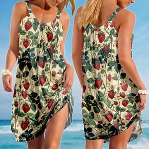 Vintage Erdbeere Botanische Sling Sommerkleid, Retro Obst Frauen Sommerkleid, Garten Picknick Ärmelloses Kleid, Familienurlaub Merch