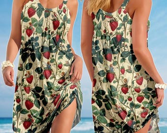 Vintage Strawberry Botanical Sling Summer Dress, Retro Fruit Women Sundress, Garden Picnic Sleeveless Dress, Family Vacation Merch