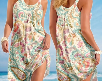 Boho Blumen Sommerkleid, Vintage Paisley Frauen Kleid, Retro ärmelloses Sommerkleid, Cottagecore Strandkleid, Geburtstagsgeschenk für Sie