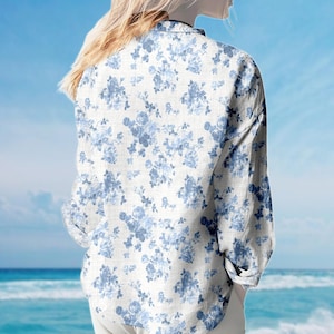 Blue Floral Blouse Shirt, Vintage Rose Women Shirt, Elegant Summer Shirt, Garden Picnic Shirt, Family Vacation Shirt, Gift For Her