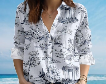 Toile de jouy-blouseshirt, vintage schilderachtig vrouwenshirt, Frans cottagecore casual shirt, victoriaanse stijl shirt voor vrouwen, cadeau voor haar
