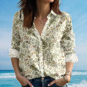 Vintage Botanical Blouse Shirt, Autumn Leaf Women Shirt, Casual Nature Inspired Shirt, Cottagecore Casual Shirt, Birthday Gift For Her
