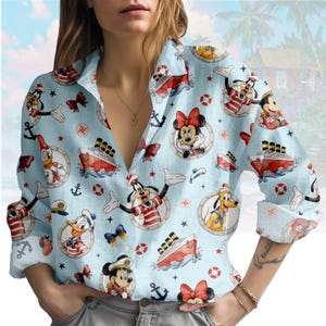 Bluzka z motywem rejsu Disneya, koszula z guzikami z motywem żeglarskim Minnie Mickey Goofy, strój na wakacje Disneya, prezent dla fanów Disneya