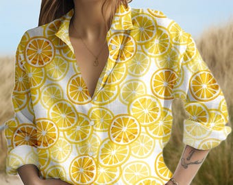 Zitrus Muster Bluse Shirt, Gelb Zitrone Frauen Bluse Shirt, Urlaub Knopf Frauen Top, Sommer Vibes Wear, Casual Frauen Shirt, Geschenk Fo