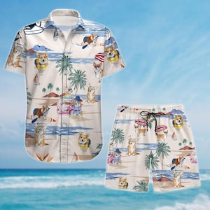 Corgi Button Shirt And Short, Funny Dog Hawaiian Shirt, Animal Shirt, Short Sleeve Shirt, Family Vacation Summer Shirt, Pet Lovers Gift